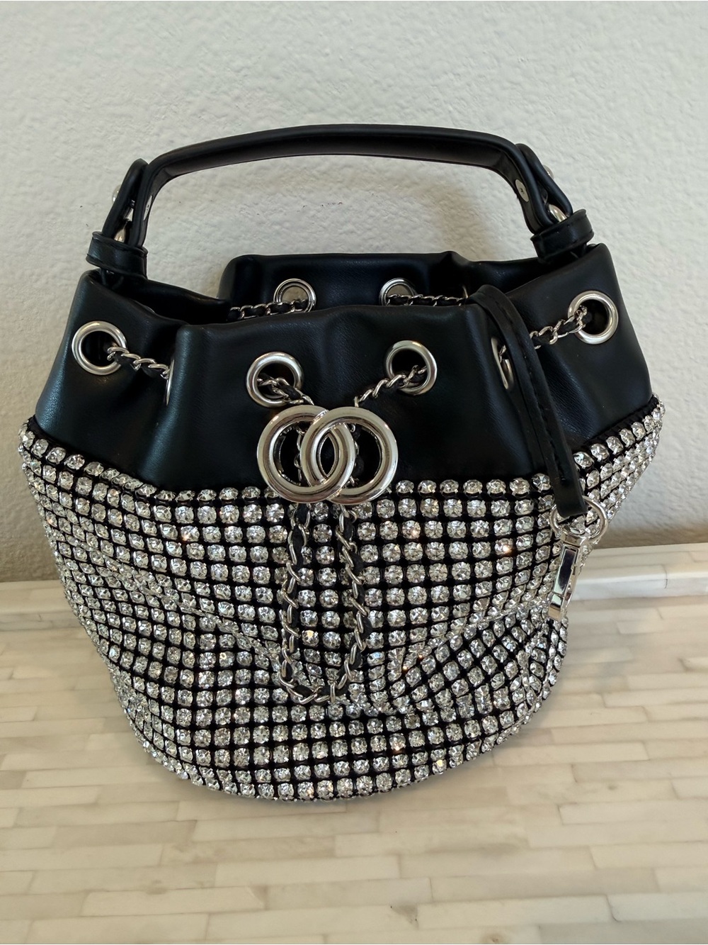 Black Rhinestone-Embellished Drawstring Bucket Bag